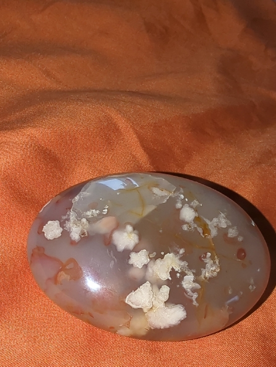 Other - XL Polished Cherry Blossom Agate Palm Stone - Cream & Orange Accents 3" Wide